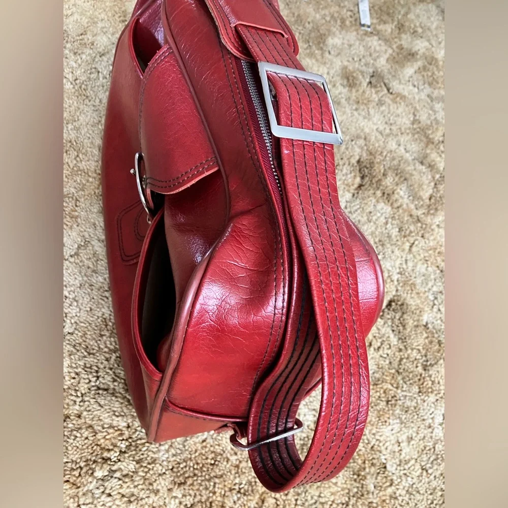 Sears Vintage Travel Bag, Burgundy Leather, YKK Zippers, 44” Adj. Strap